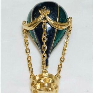 Vintage Joan Rivers Brooch Signed Gold Tone  Green Blue Enamel Hot Air Balloon